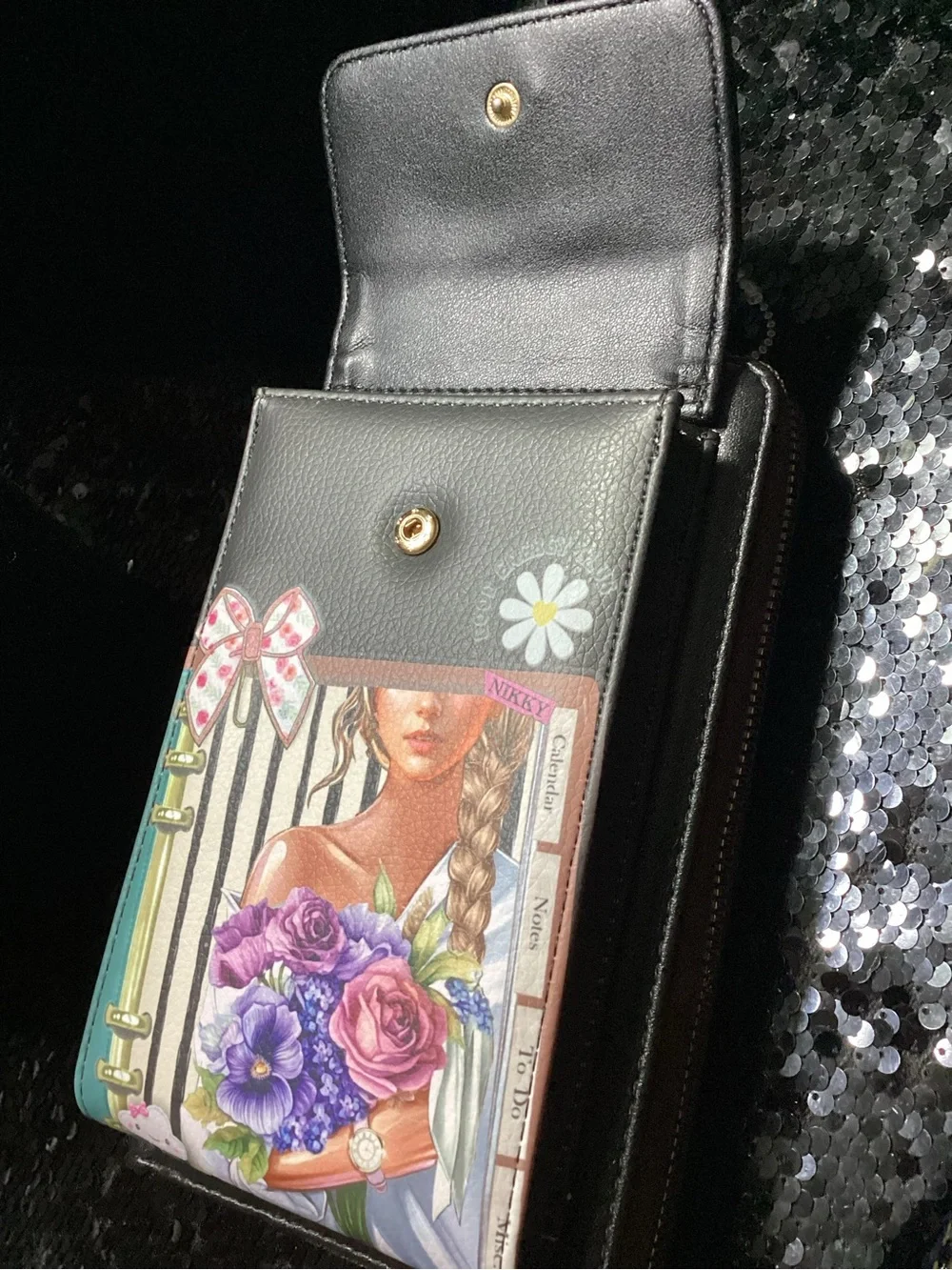 Nikky Floral Portrait Black & Pink Crossbody Wallet